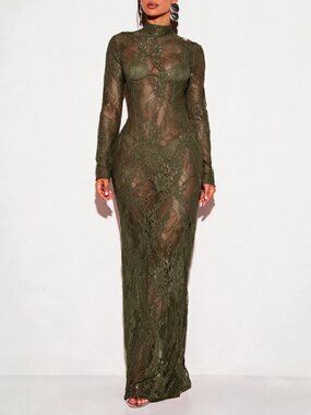 Khaki Sexy Women's Sheer Lace Long Sleeve Maxi Dress
